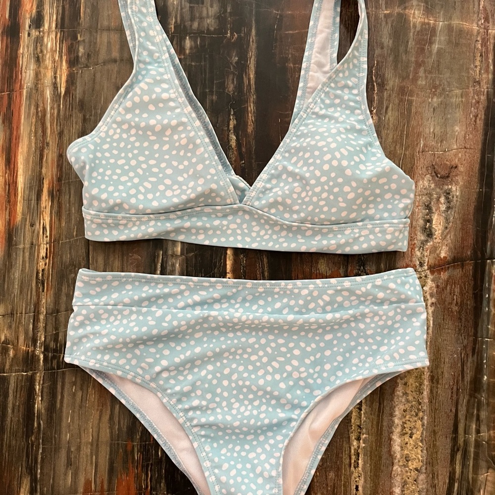 blue polka dot bathing suit